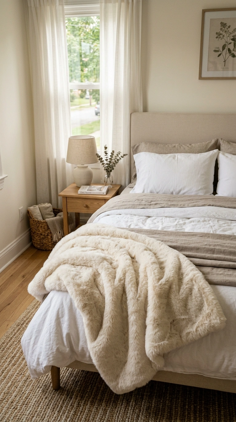 012 Faux Fur Throw A small bedroom bed with a cream fa