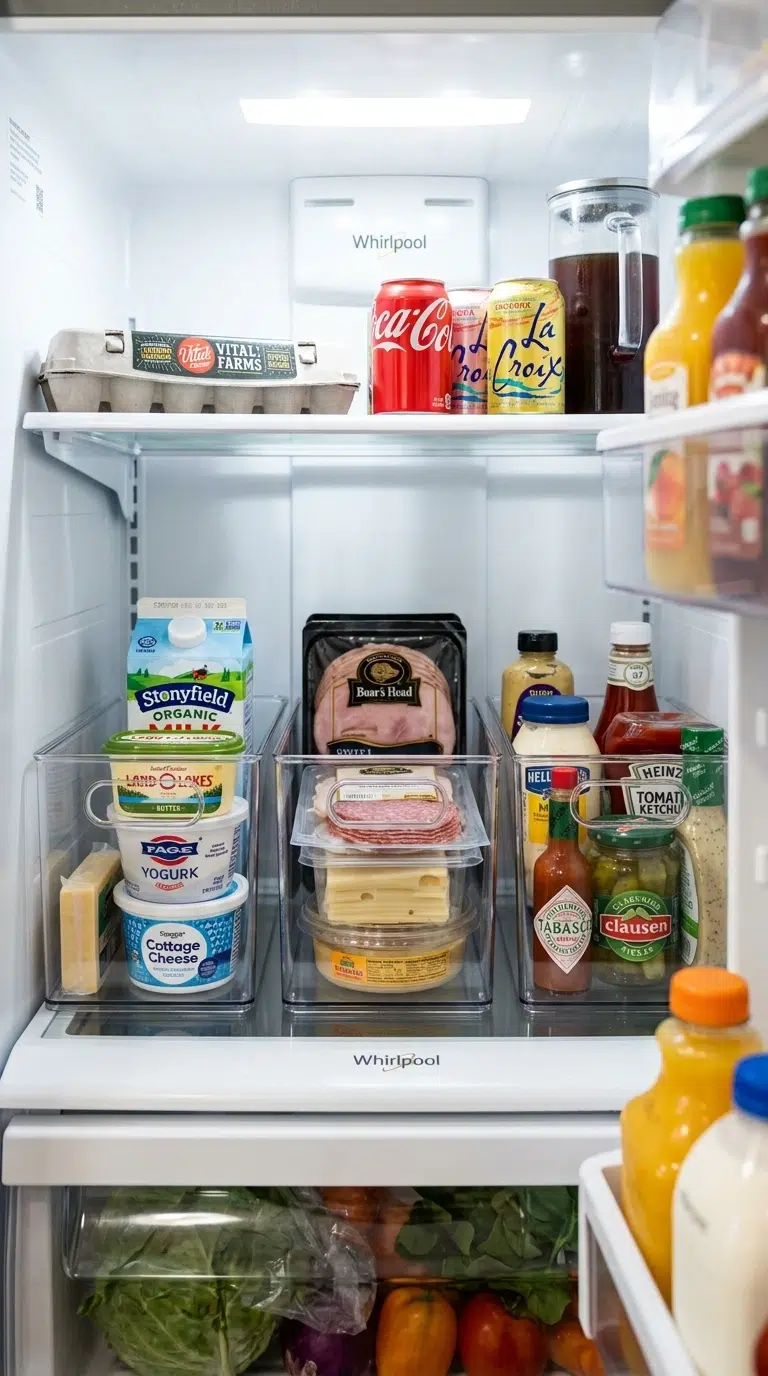 012 Fridge Bin System An open refrigerator shelf with
