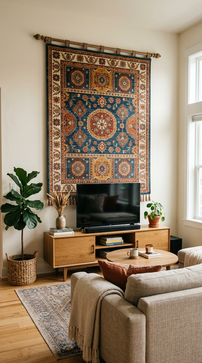 012 Hang a Large Tapestry A living room with a large c