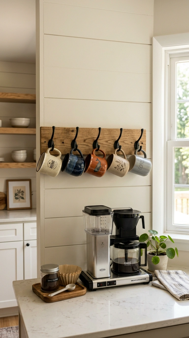 012 Hanging Mug Rack A wood board mounted on a kitchen