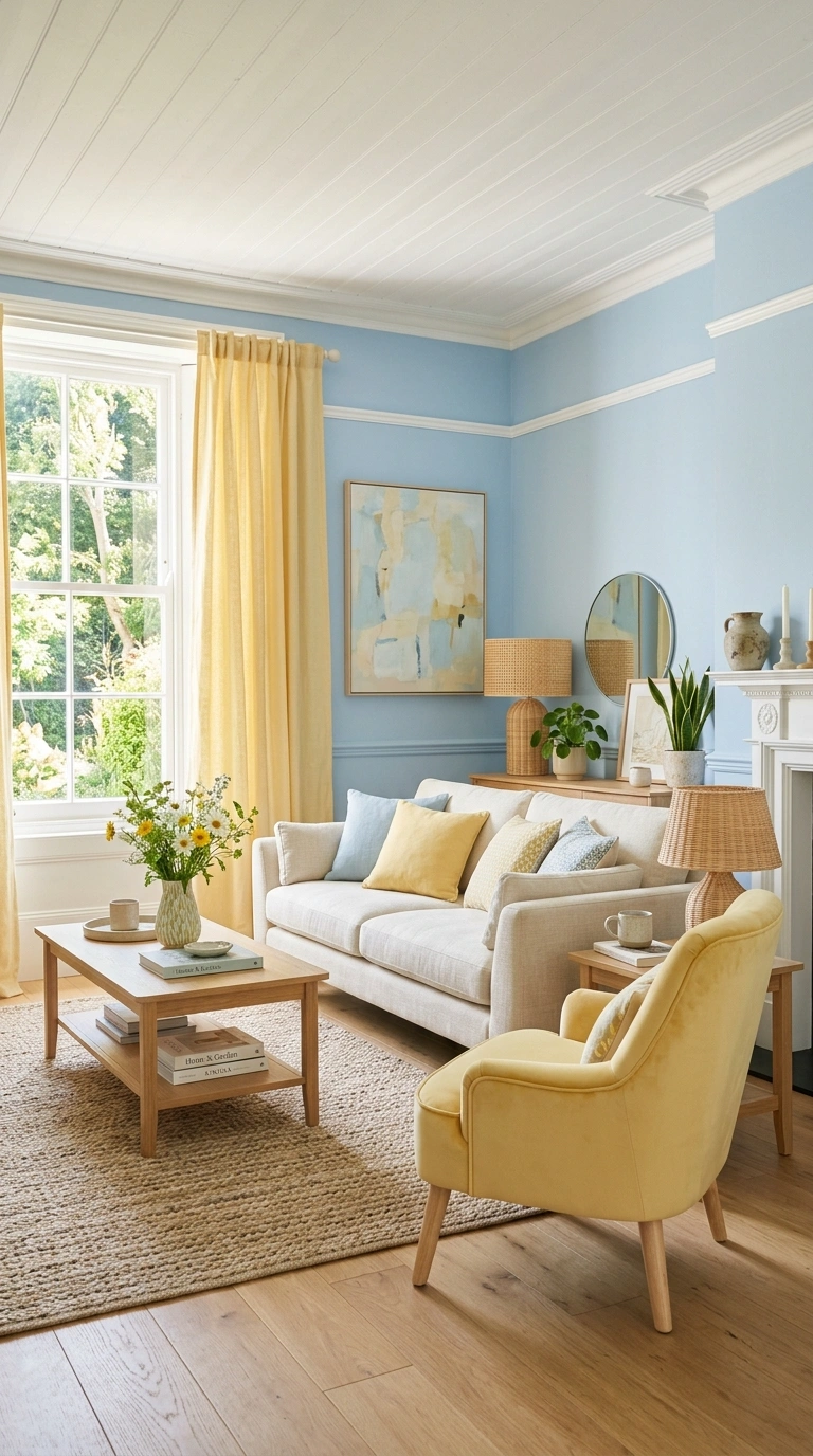 012 Light Blue and Soft Yellow A bright living room wi