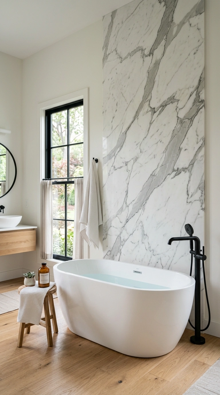 012 Marble Look Panel A bathroom with a large white an