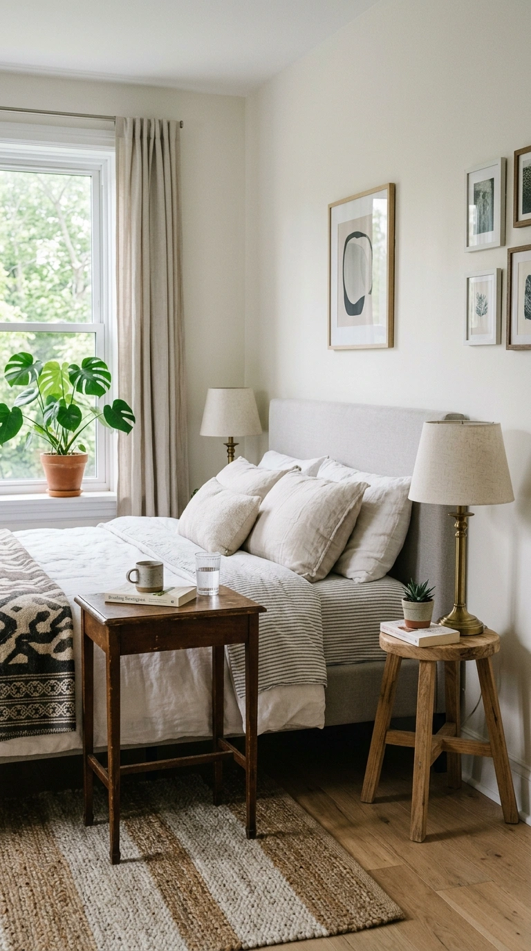012 Mismatched Nightstand Look A bedroom with two diff