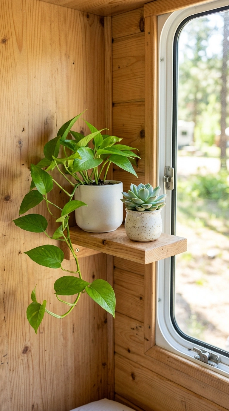 012 Small Plant Shelf A narrow floating shelf near an