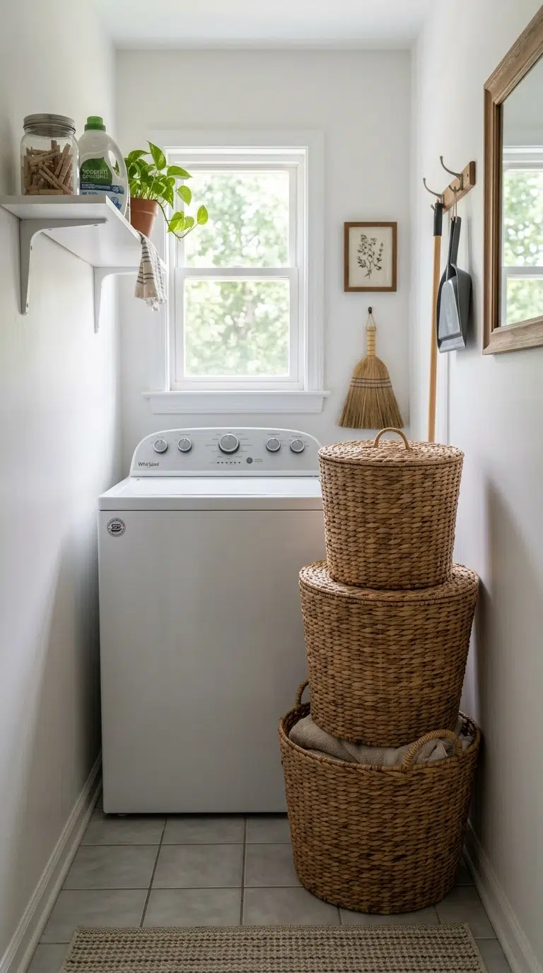 012 Stacked Wicker Baskets A narrow laundry room with