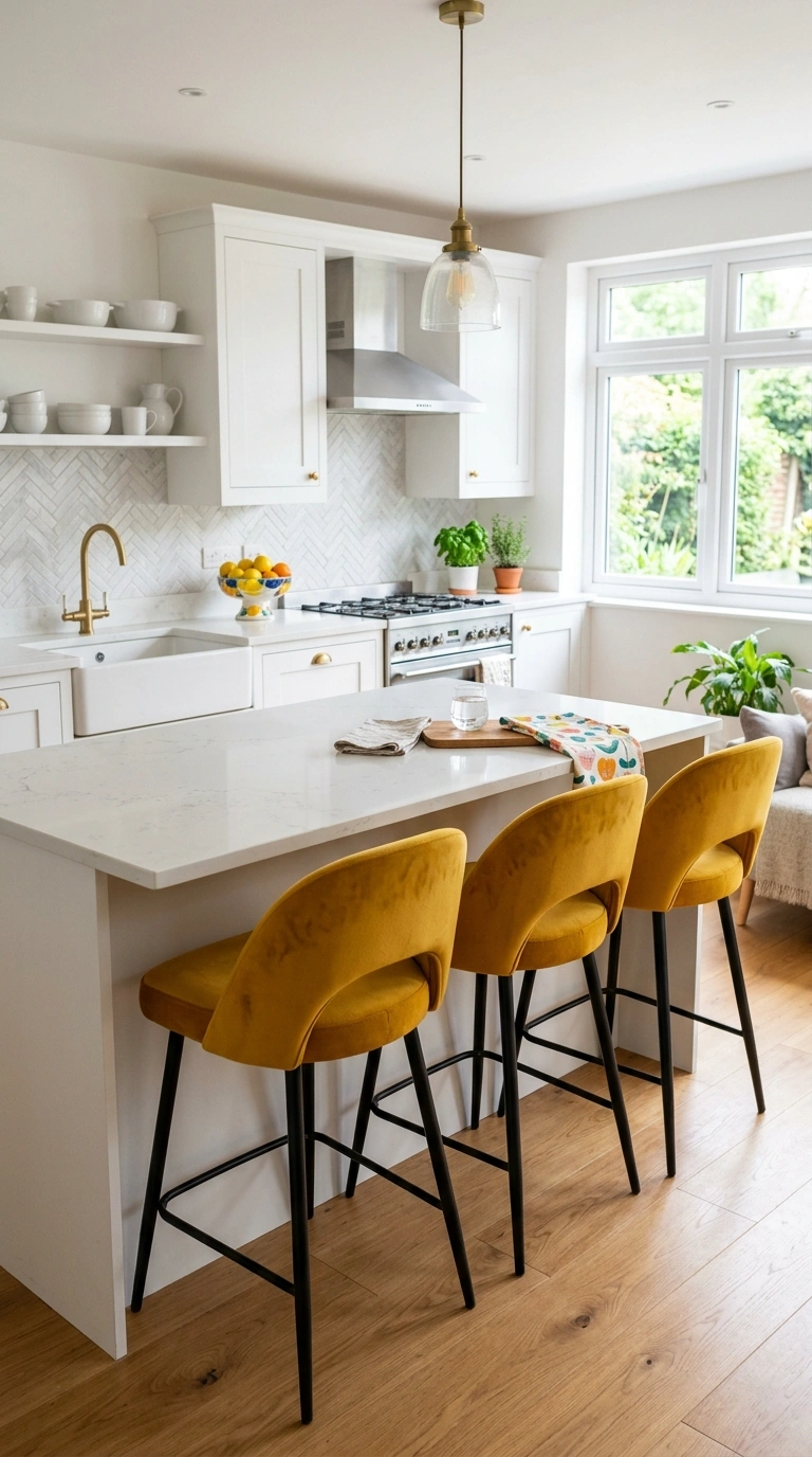 012 Statement Bar Stools A kitchen peninsula with thre