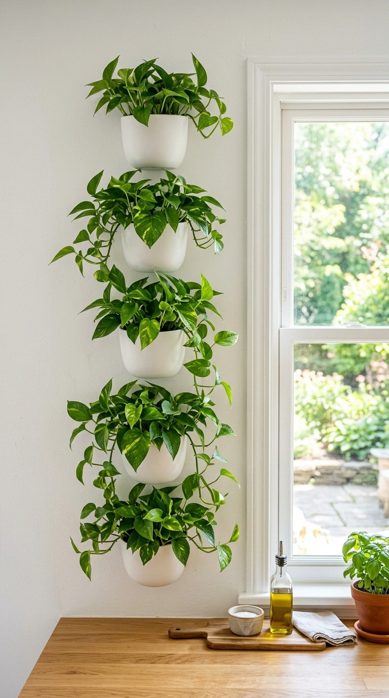 012 Wall Mounted Planters A vertical row of five white