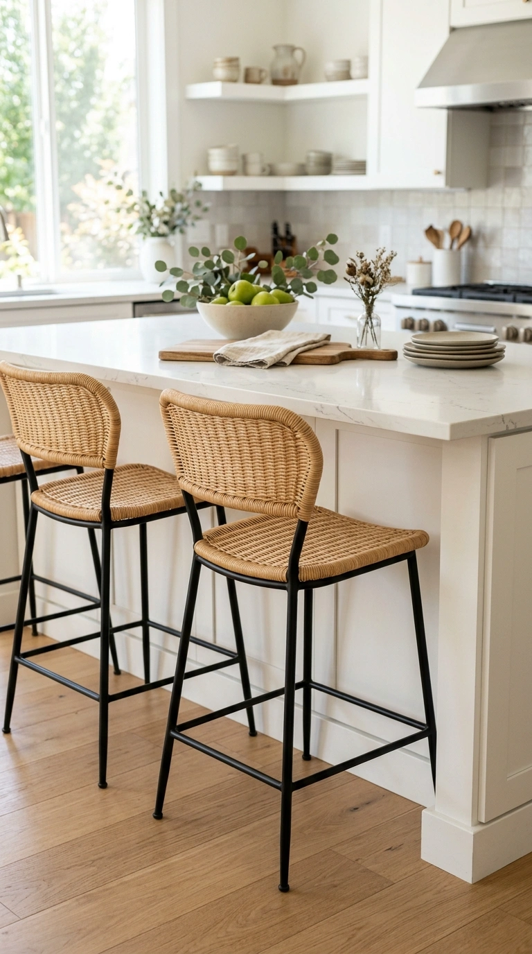 012 Woven Counter Stools A white quartz kitchen island