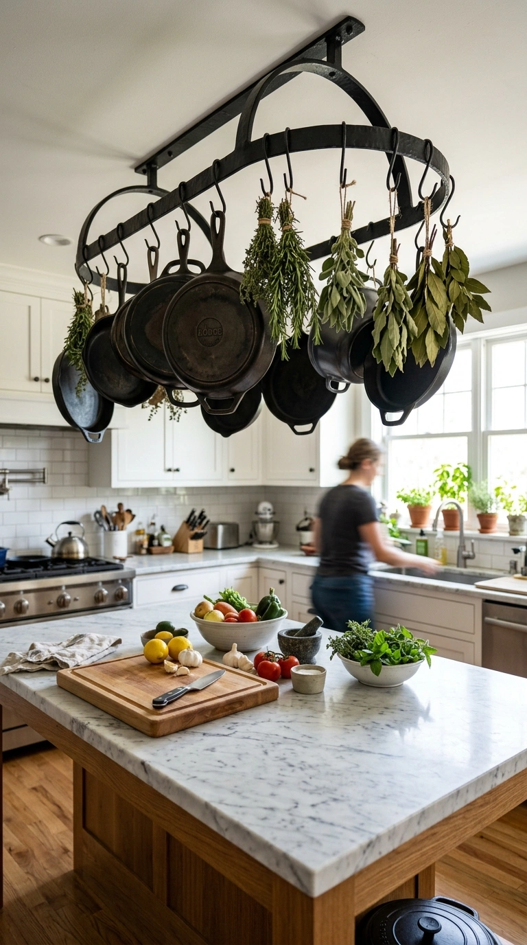 013 Black Iron Rack A kitchen island with a curved bla