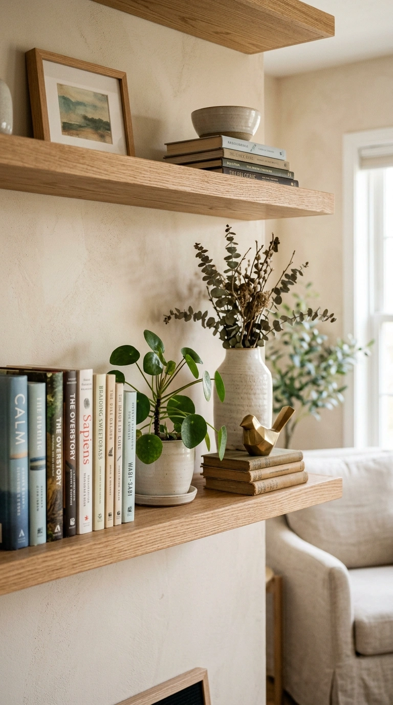 013 Bookshelf Styling Vignette An open wood bookshelf