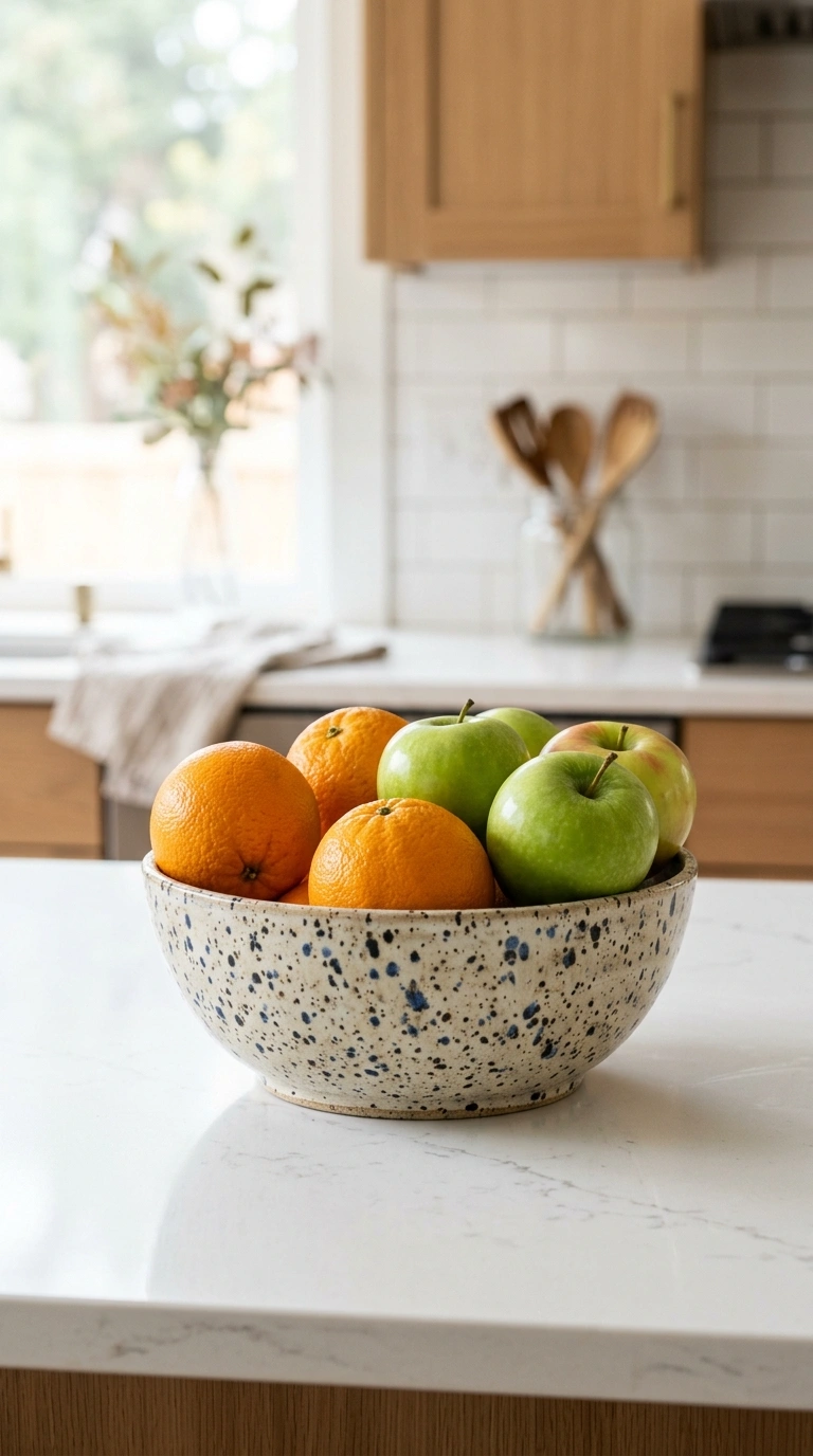 013 Ceramic Fruit Bowl A kitchen island countertop wit