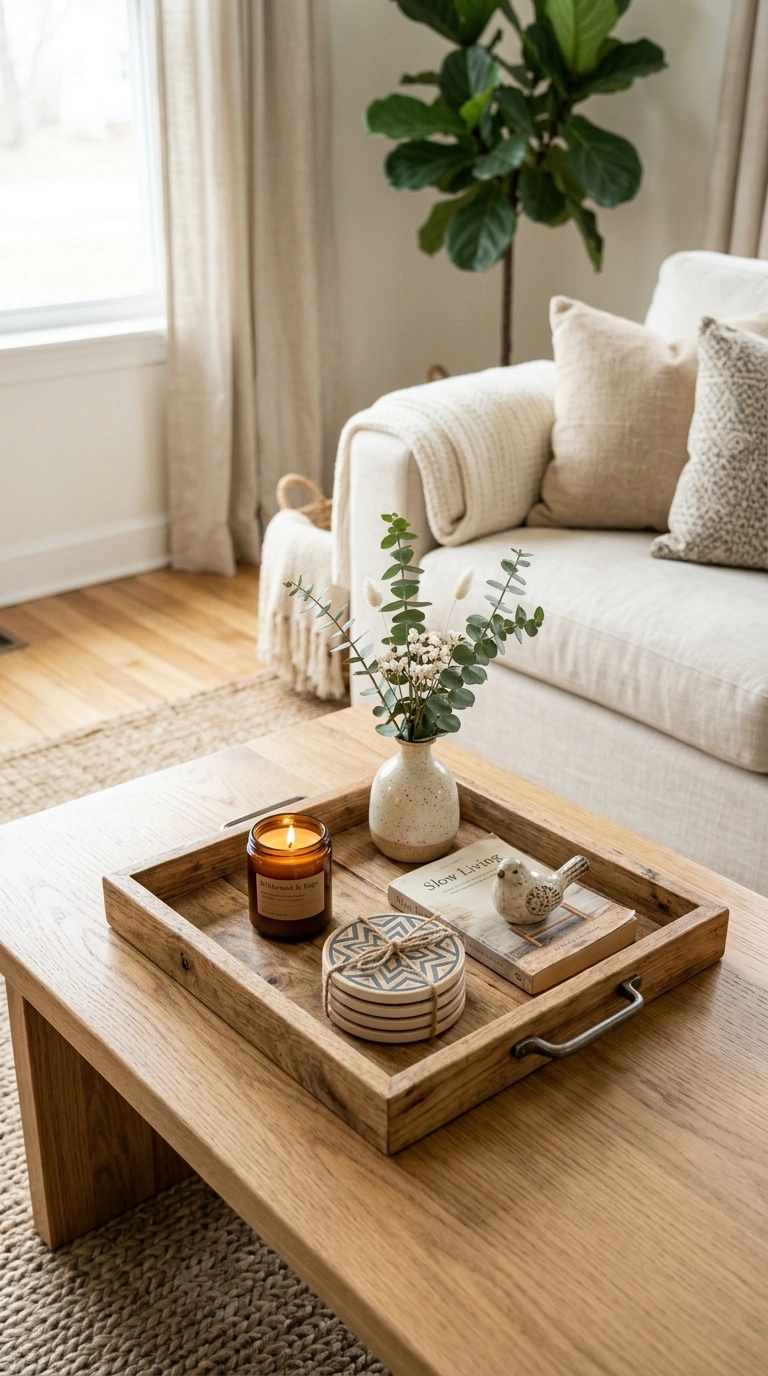 013 Coffee Table Tray A wood coffee table topped with