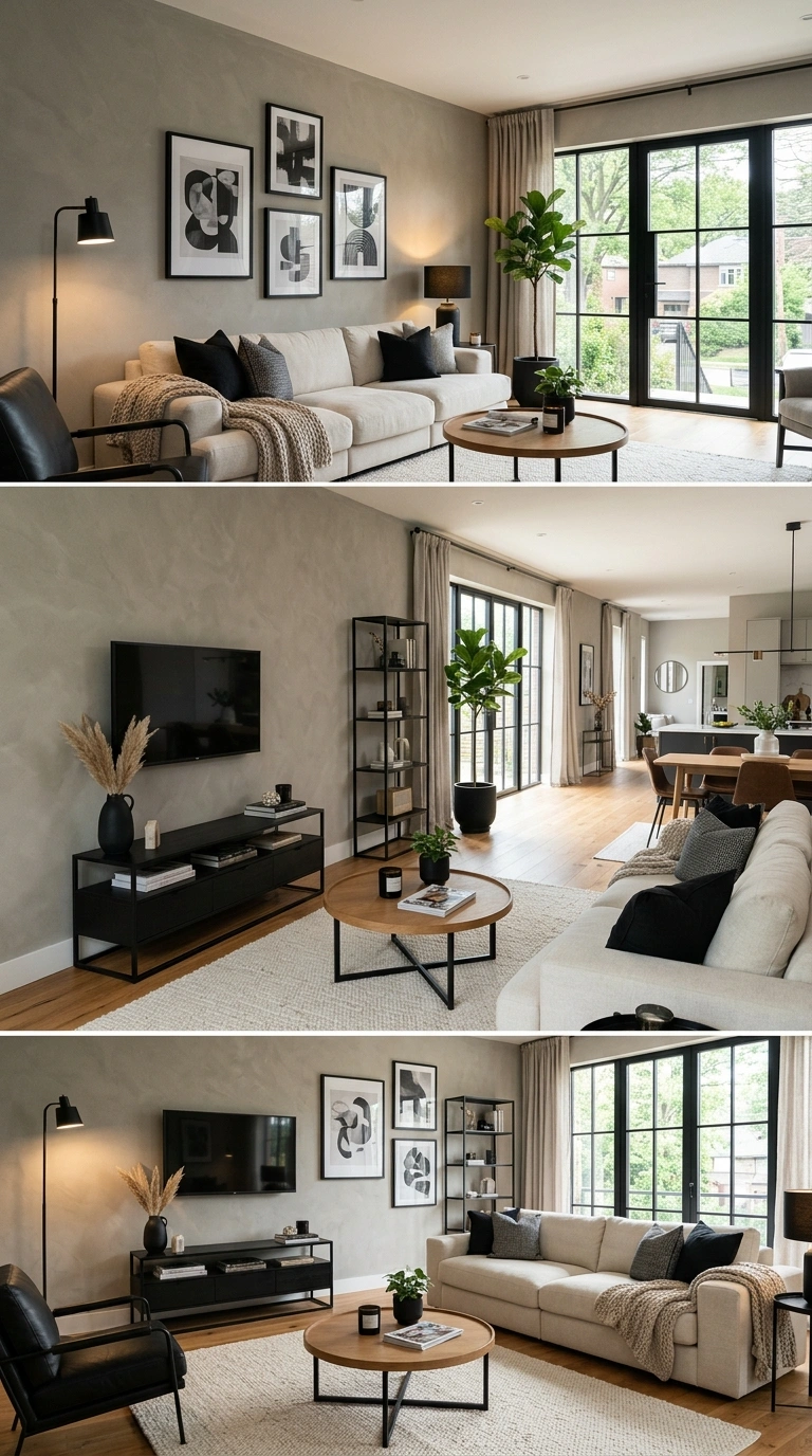013 Greige and Black Accents A modern living room with