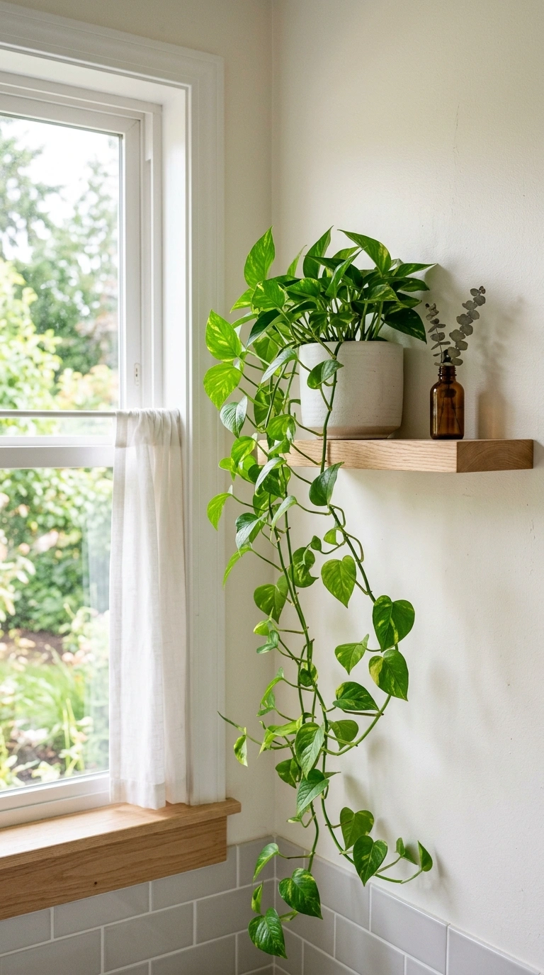 013 Hanging Plant Shelf A bathroom wall with a narrow