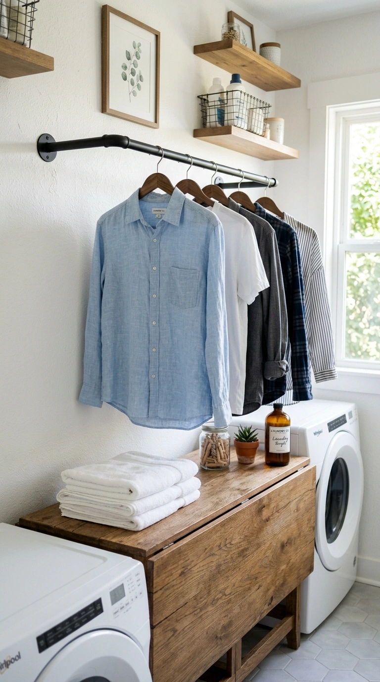 013 Hanging Rod Space A laundry room wall with a black
