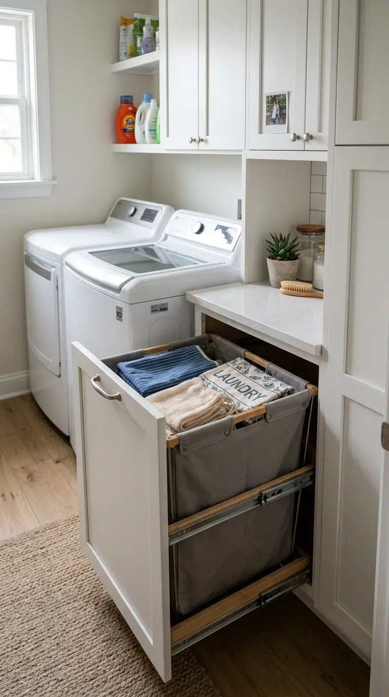 013 Slide Out Hamper Drawer A narrow laundry room with