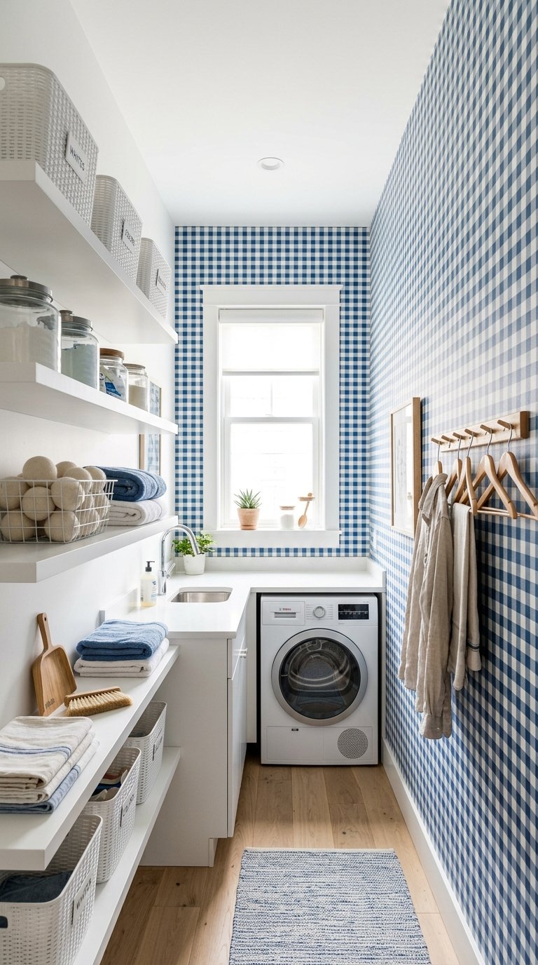 013 Statement Wallpaper Wall A narrow laundry room wit