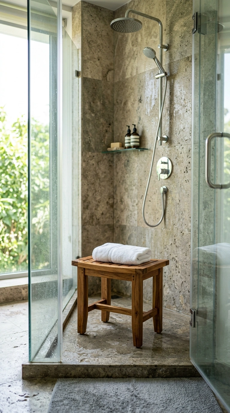 013 Wood Shower Stool A walk in glass shower with a sm