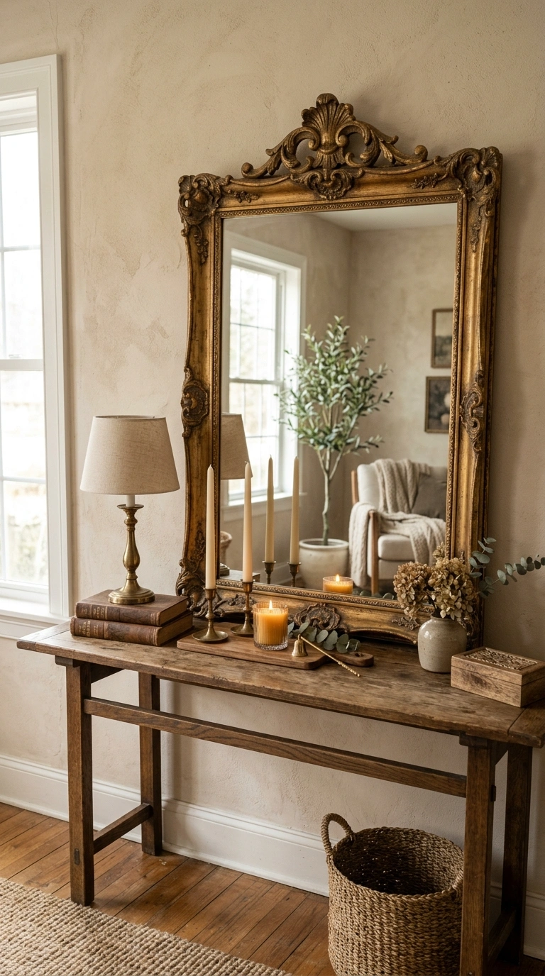 014 Antique Mirror Accent A living room console table