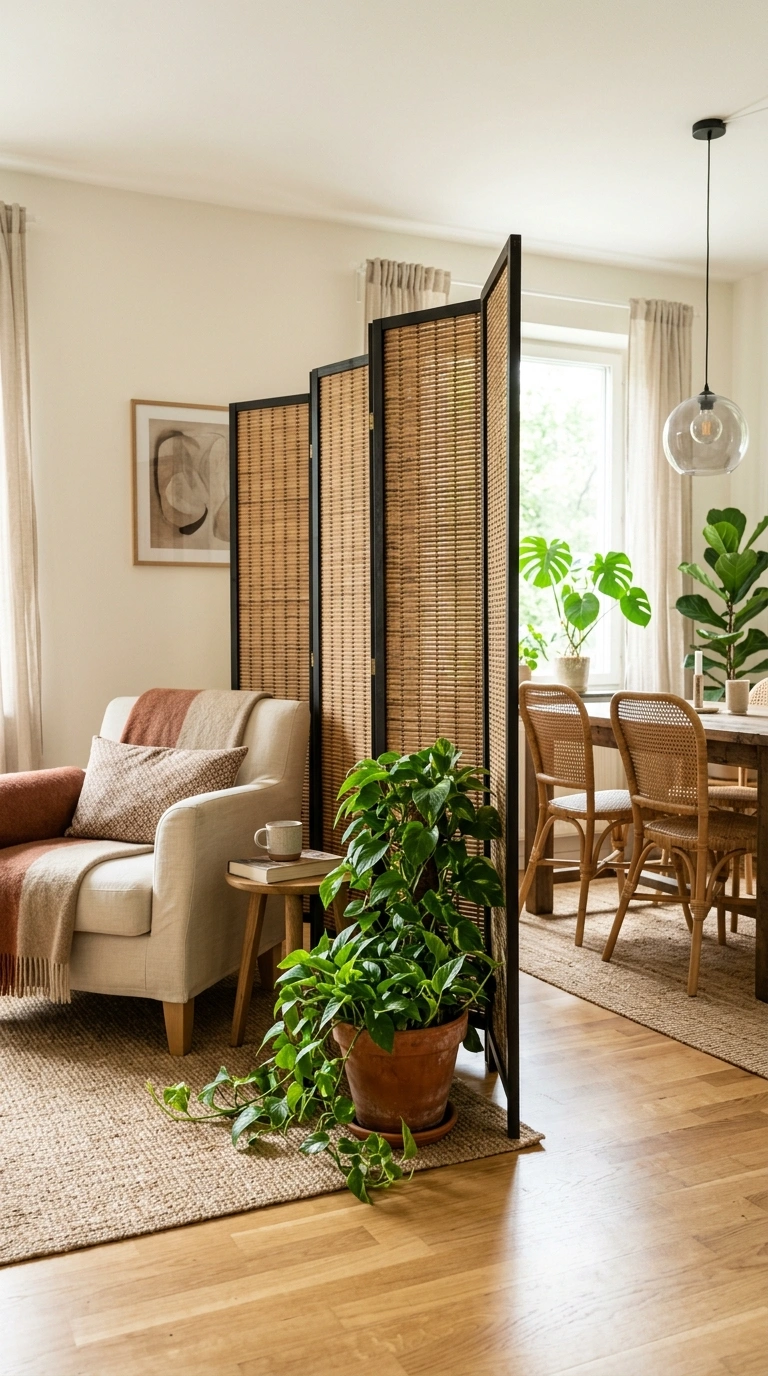 014 Bamboo Room Divider A folding bamboo screen positi