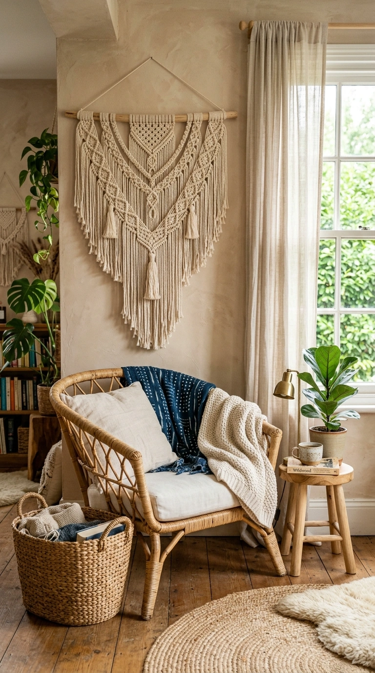 014 Bohemian Macrame Wall A living room reading corner