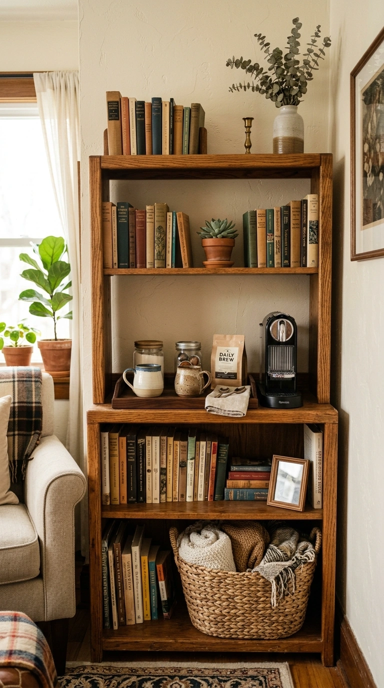014 Bookshelf Coffee Corner A wood bookshelf in a livi