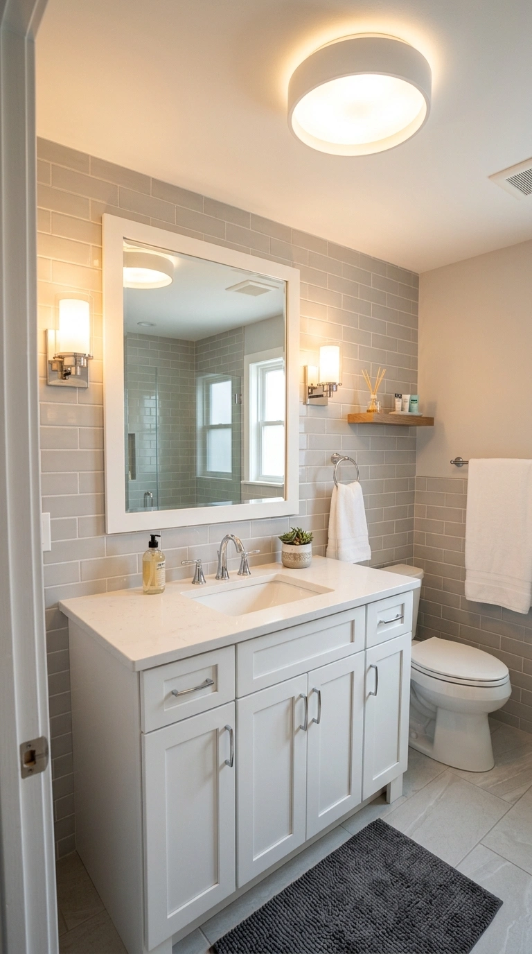 014 Bright Overhead Lighting A small bathroom with a b