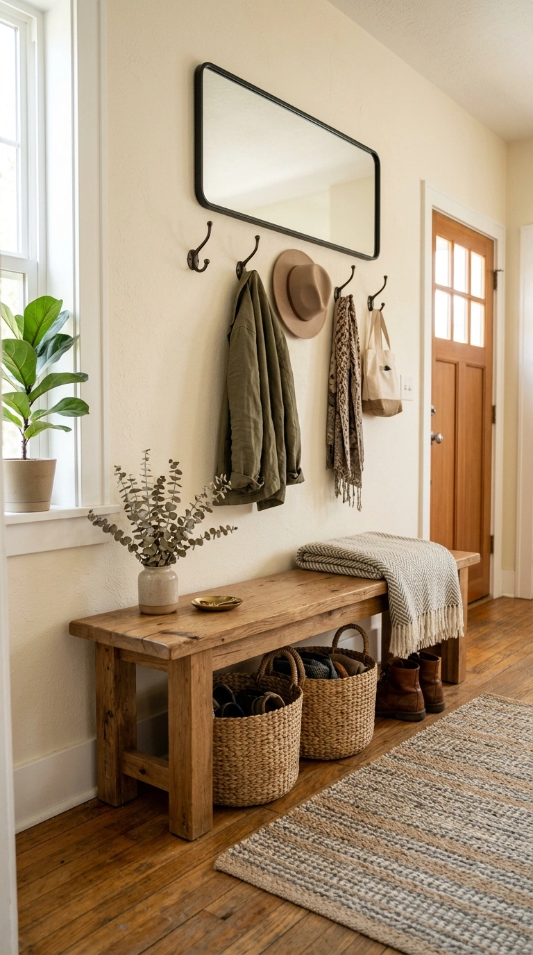 014 Entryway Bench A wood entryway bench with a folded