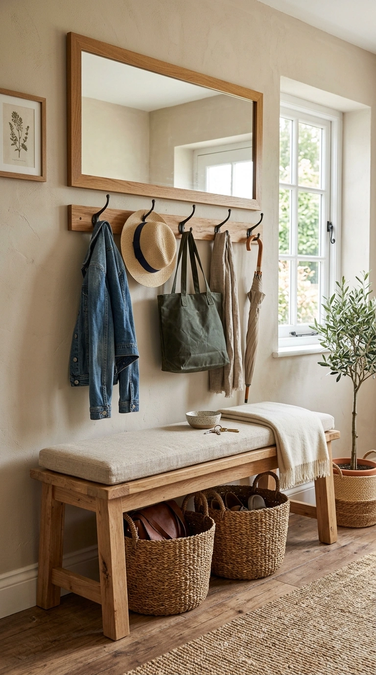 014 Entryway Bench Styling An entryway with a wood ben