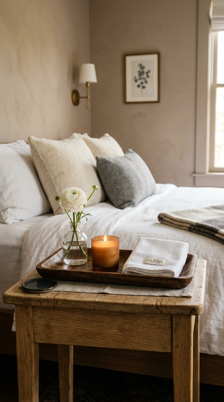 014 Hotel Style Tray A small bedroom nightstand with a