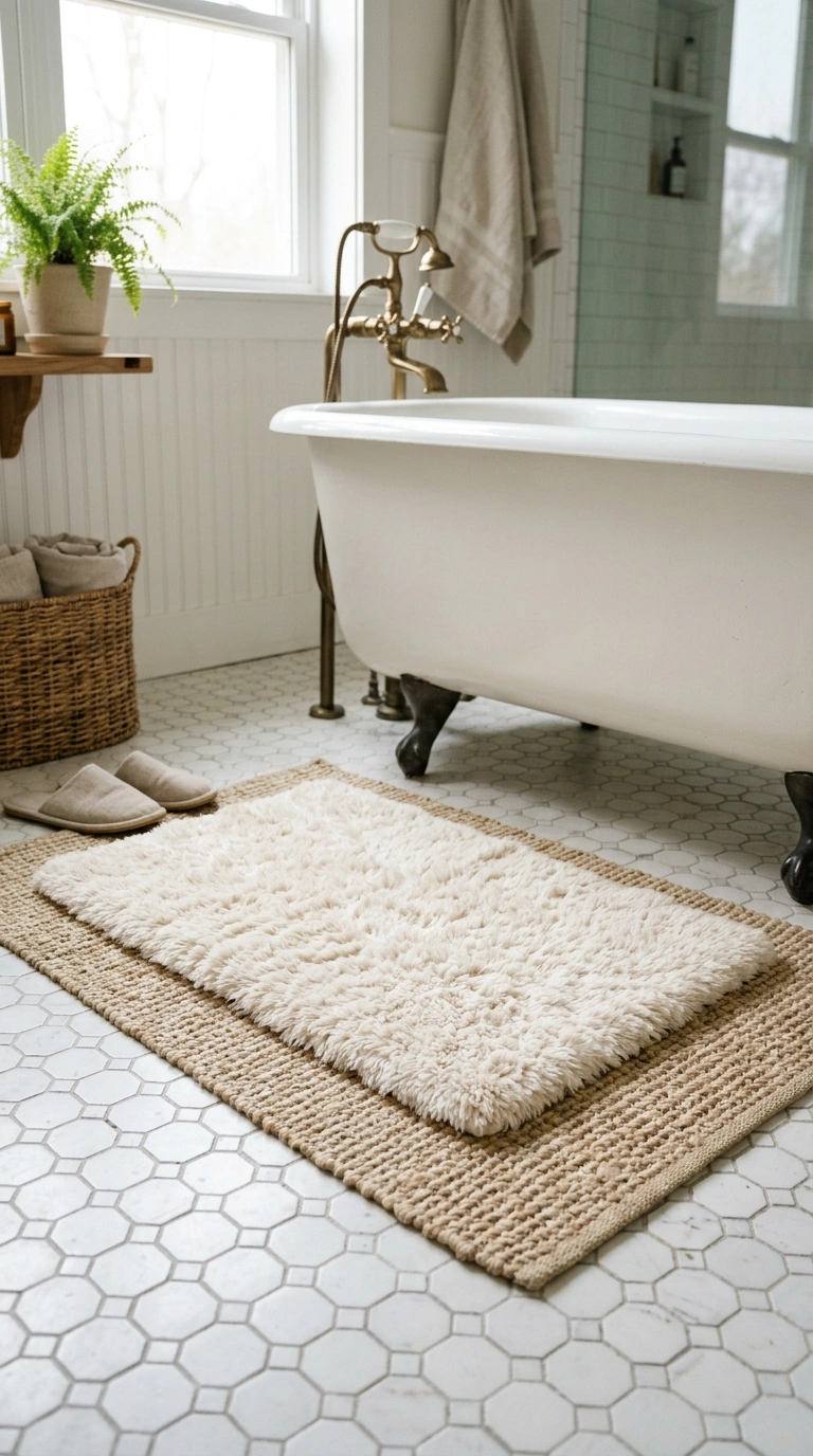 014 Layered Bath Mats A bathroom floor in front of a t