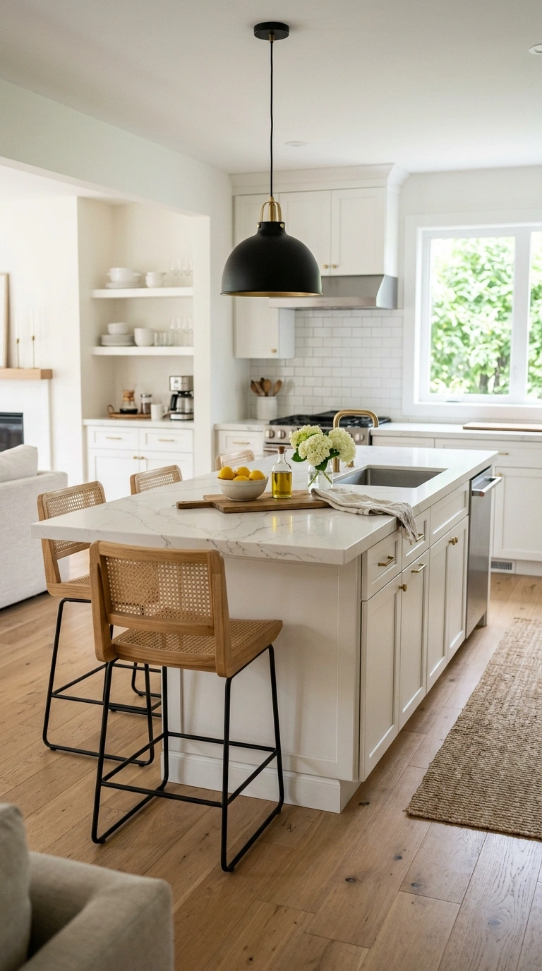 014 Marble Look Counter A kitchen peninsula with a whi