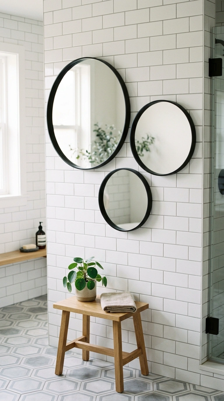 014 Round Mirror Cluster A bathroom wall with three ro