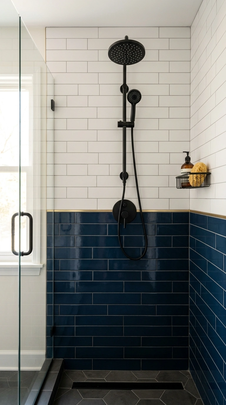 014 Two Tone Tile Border A shower wall with a deep nav