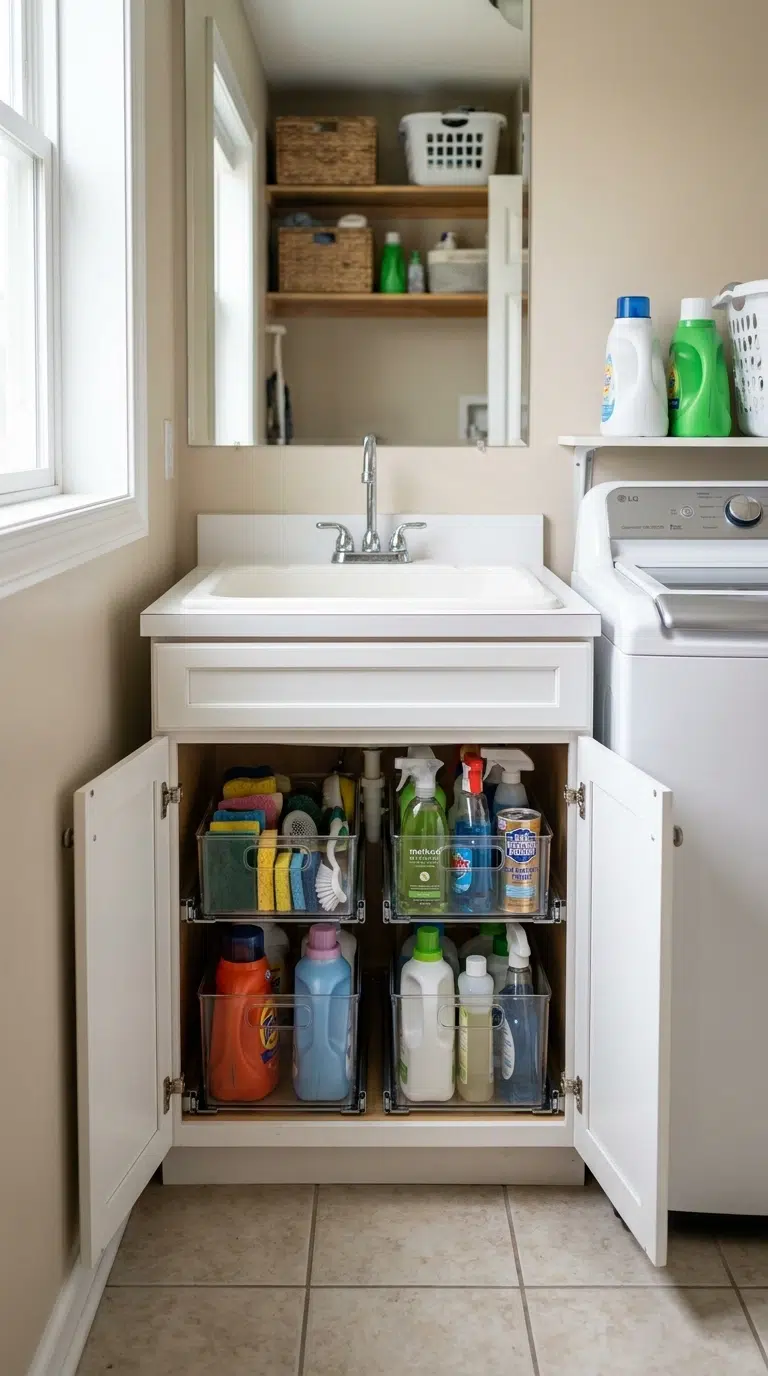 014 Under Sink Storage Bins A narrow laundry room with