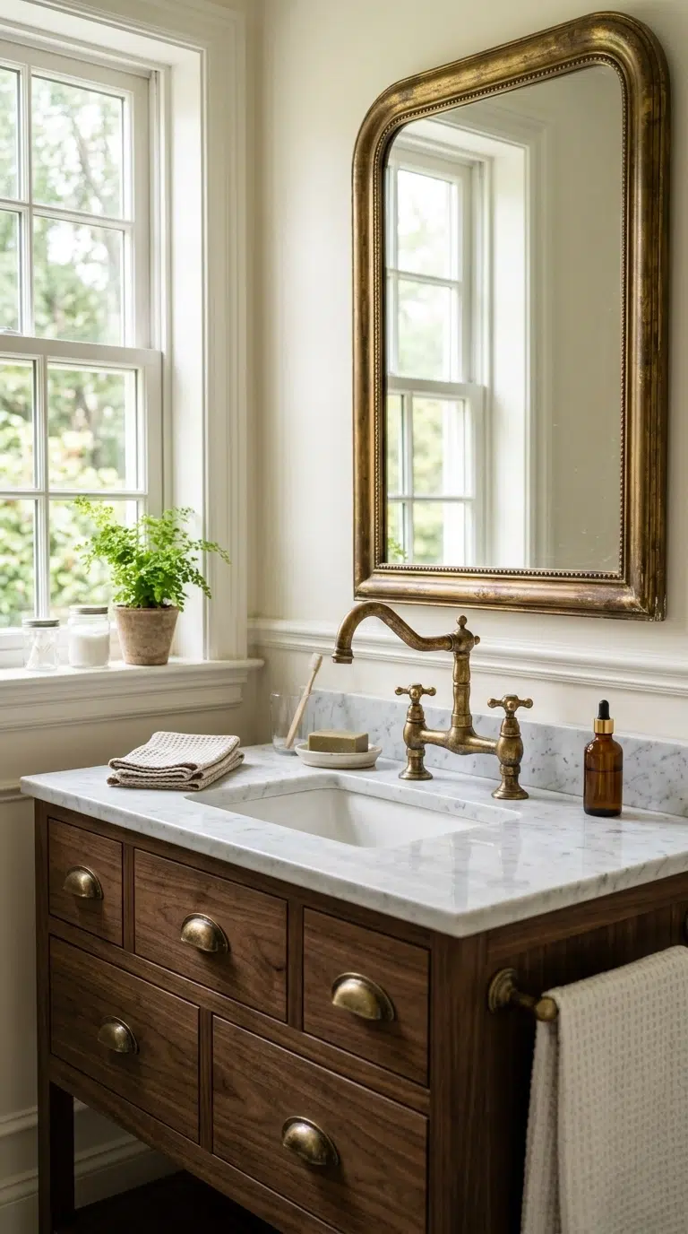 014 Vintage Brass Fixtures A bathroom vanity with an a