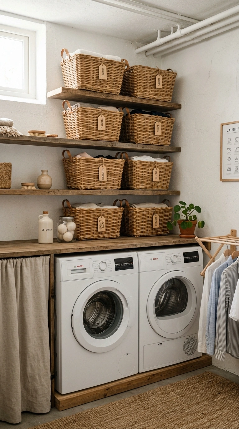 014 Wicker Basket Storage A basement laundry room with