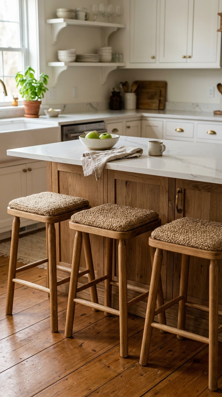 014 Wooden Bar Stools A kitchen island with three simp
