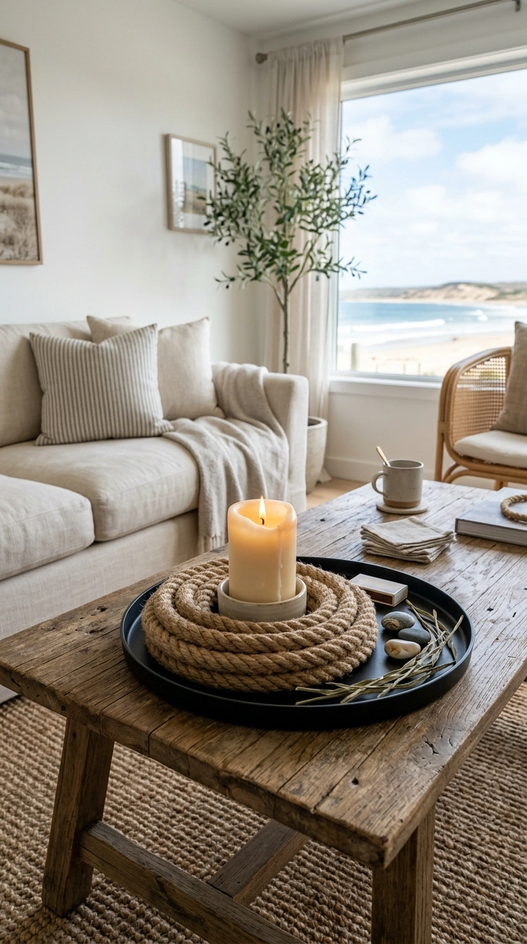 014 Woven Rope Accents A coffee table with a black tra