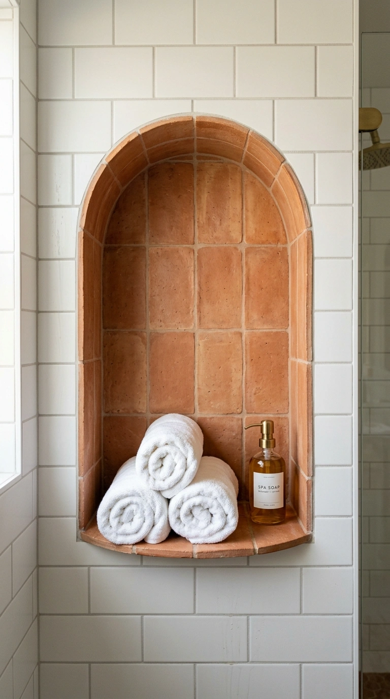 015 Arched Tile Niche A white tiled shower wall featur
