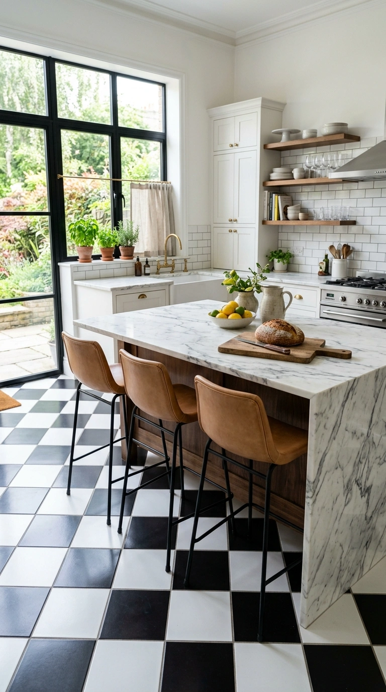 015 Checkered Floor Tile A kitchen with a black and wh