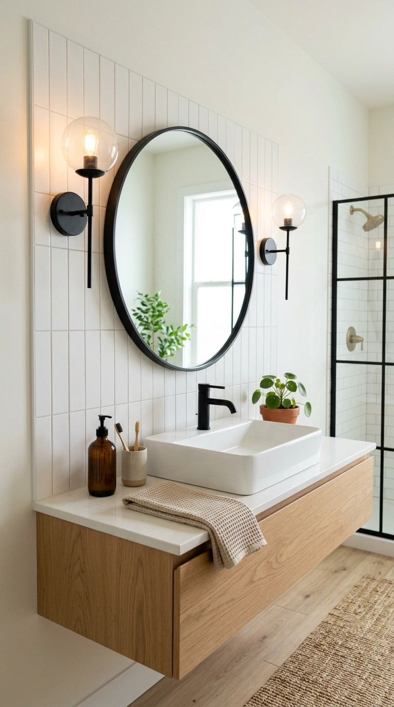 015 Framed Mirror Bathroom A bathroom with a round bla