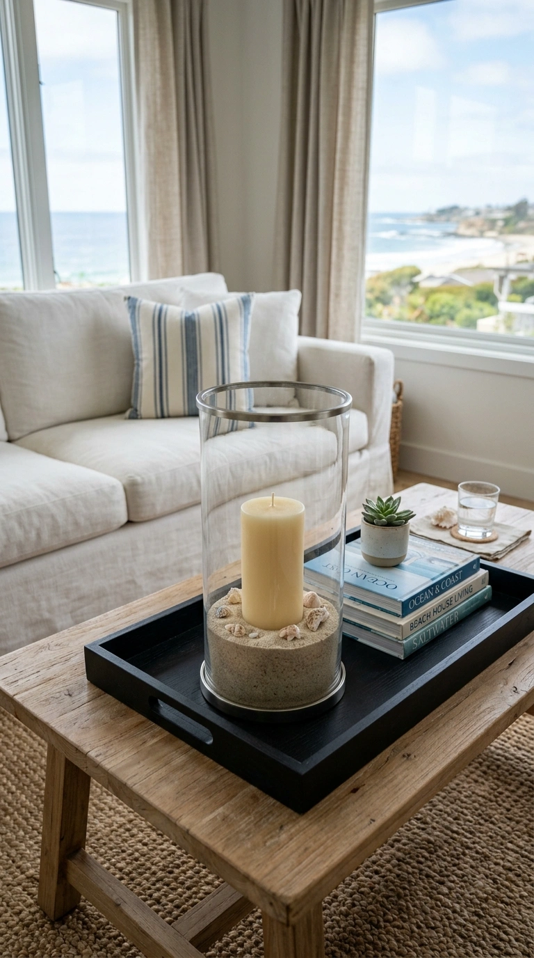 015 Glass Hurricane Candle A coffee table with a black