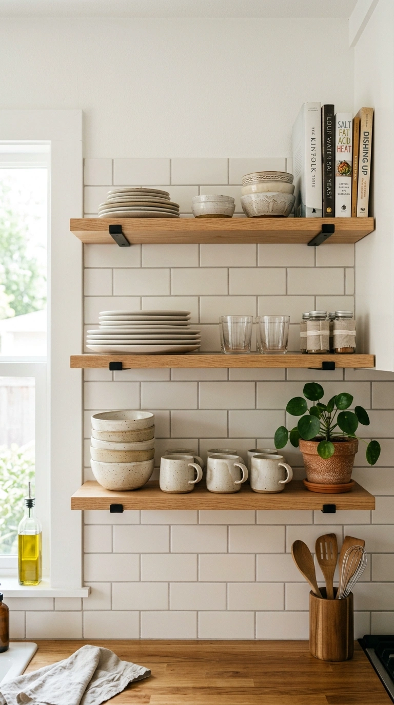 015 Kitchen Open Shelving A kitchen wall with upper op
