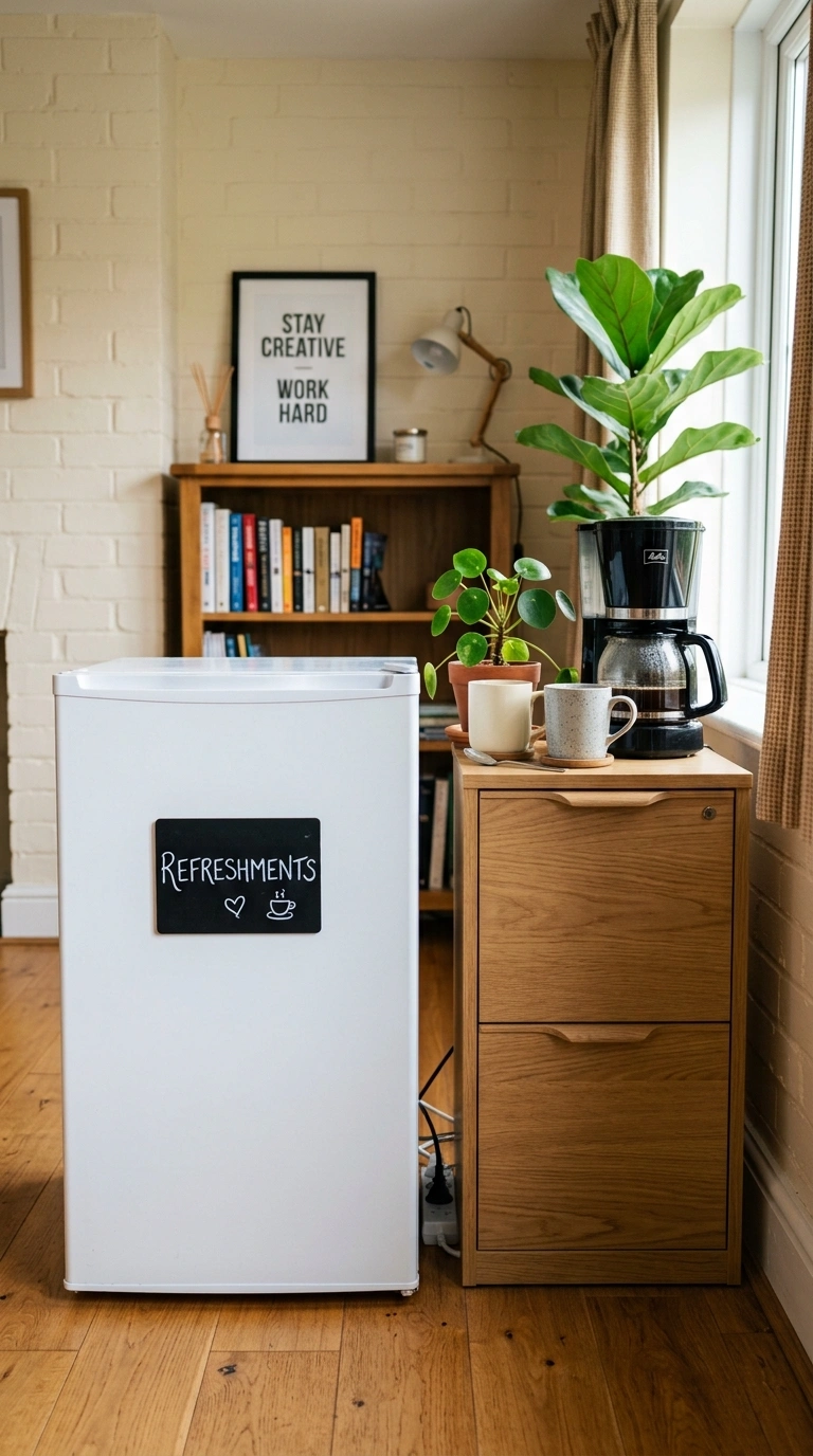 015 Mini Fridge Station A small white mini fridge on t