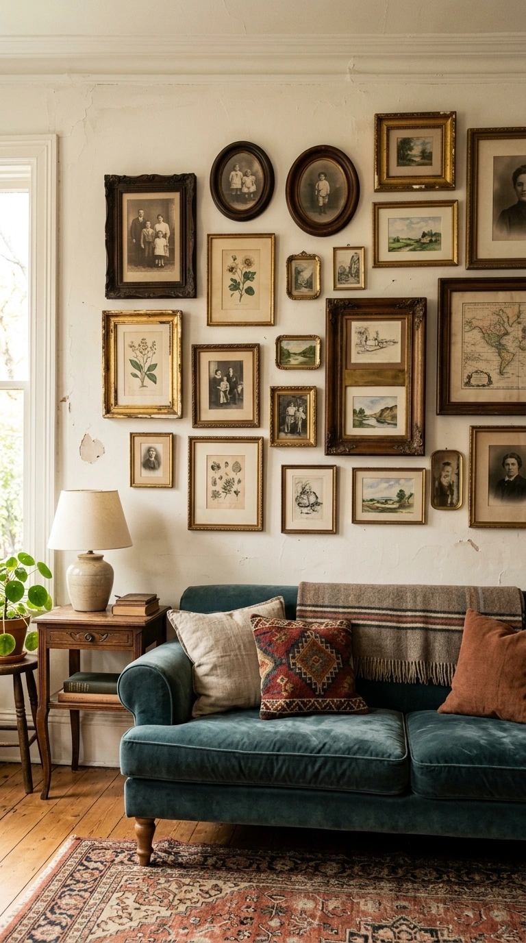 015 Mismatched Vintage Frames A gallery wall above a s