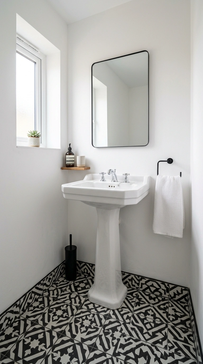 015 Patterned Floor Tile A small powder room with blac