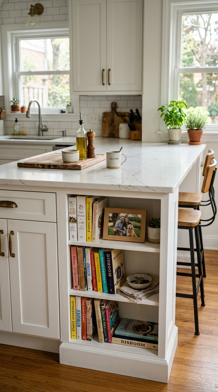 015 Peninsula Bookshelf End A kitchen peninsula with a