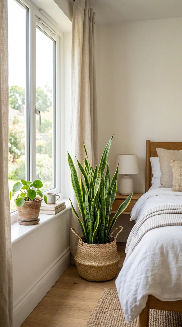 015 Plants By Window A tall snake plant in a woven bas