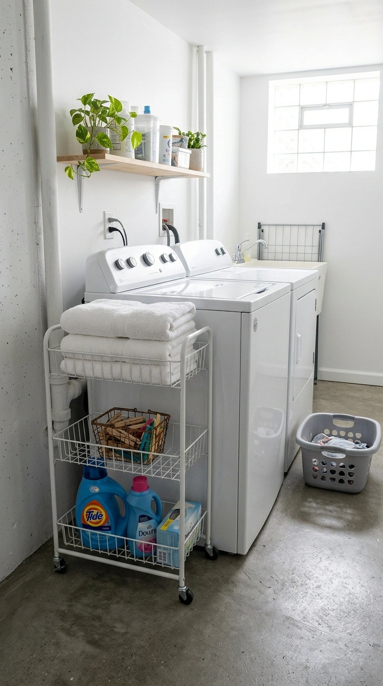 015 Rolling Cart Storage A basement laundry room with